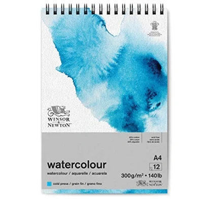 Image of Winsor and Newton Watercolour Paper Pad, A4, 12 Sheets, 300 g/m�, Spiral Bound, Cold Pressed, Acid , Mixture of 25 Percent Cotton Cellulose Fibres, Natural White