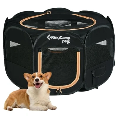Image of KingCamp Foldable Dog Playpen, Portable Pet Playpen with Breathable Mesh, Lightweight Pop Up Cat Pen Cage Carrying Bag for Puppy Kitten Rabbit Indoor Outdoor, Black S