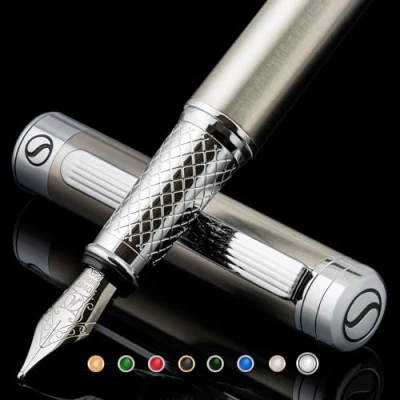 Image of Scriveiner Stainless Steel Fountain Pen Stunning Luxury with Finish, Schmidt Nib (Medium), Best Gift Set for Men &amp; Women, Professional, Executive Office, Nice Designer Pens