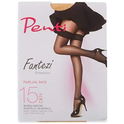 Image of Penti Women`s Fantasy Lace Hold Ups 15 Den Sahara/Sand 51 Size 2 / Medium M
