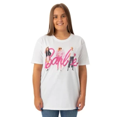 Image of Barbie Womens T Shirt White Classic Pink Logo with Dolls Graphic Tee for Ladies Retro Short Sleeved Fashion Top Doll Oversized Tshirt Movie Merchandise Gift Adults