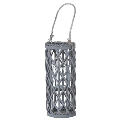 Image of Hill Interiors Small Grey Wicker Lantern With Glass Hurricane, Mixed, 40 x 12 1.15 cm