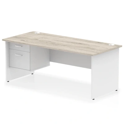 Image of Impulse 1800x800 Desk Grey Oak/White Panel End 1x2 Drawer Fixed Ped