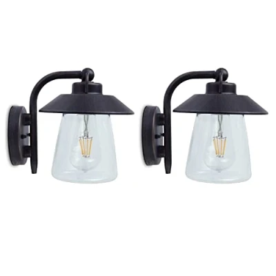Image of 2 Pack Matt Black Rust &amp; Clear Glass Outdoor Vintage Swan Neck Down Lantern Wall Light IP44 Exterior Rated 20cm Height 1 x ES E27 Lamp Bulb Required Garden Patio Driveway UK Approved