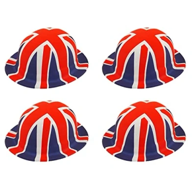 Image of QDS 4 x Union Jack Bowler Hats British Flag Queens Jubilee Fancy Dress Party Hat Patriotic Costume Accessory, Red, White, Blue