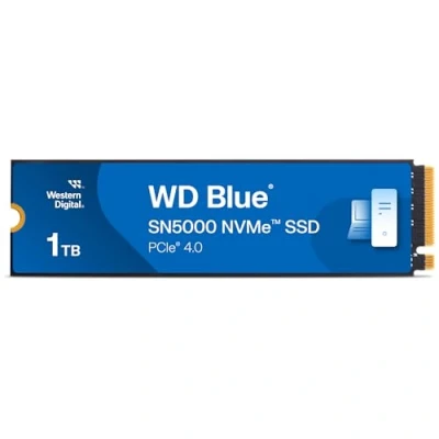 Image of WD Blue SN5000 1TB SSD, Read speeds up to 5150 MB/s, NVMe internal PCIe Gen4, Free Acronis True Image data migration software, solid state drive.