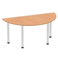Image of Impulse 1600mm Semi Circle Table Oak Top Brushed Aluminium Post Leg