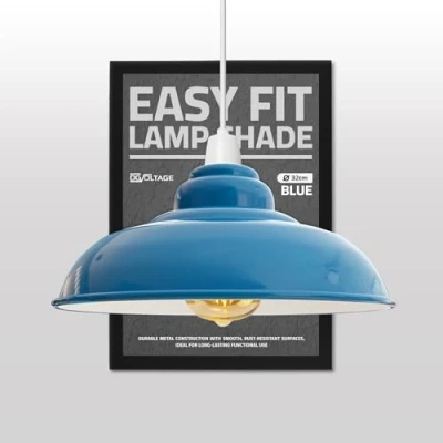 Image of Modern Industrial Metal Ceiling Light Shade, 32cm Large Curvy Blue Easy Fit Pendant Lamp Shade for Living Room, Kitchen, Hallway(Free Reducer Plate)