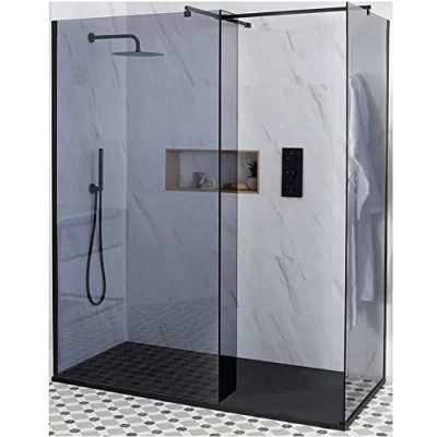 Image of Milano Nero Luna Black Corner Frameless Wet Room Shower Enclosure with Smoked Glass Screens, Hinged Return Panel and Graphite Slate Effect Tray 1200mm x 800mm