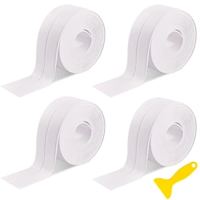 Image of DREETINO Bath Sealant Strip,11ft Self Adhesive Caulk Strip Tape for Kitchen, Bathroom, Toilet, Wall Corner with Sealing Tool White (4PCS)