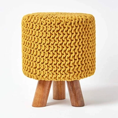 Image of HOMESCAPES Mustard Cotton Knitted Pouffe Footstool with Wooden Legs 32 x 42 cm