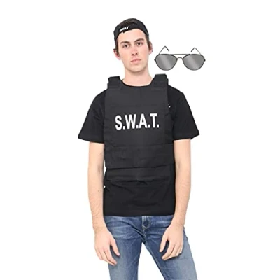 Image of The Fancy Dress® Adult SWAT Team Vest Cap Glasses T Shirt 4Pcs Dress Costume Set Police FBI Tactical Military Uniform