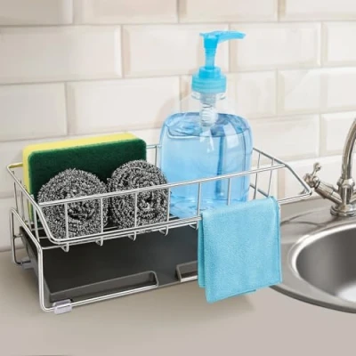 Image of Euqvunn Kitchen Sink Organizer, Caddy Stainless Steel Sponge Holder, Drainers for Sink, Dishcloth Holder with Removable Drip Tray, Tidy Fixed Hanger