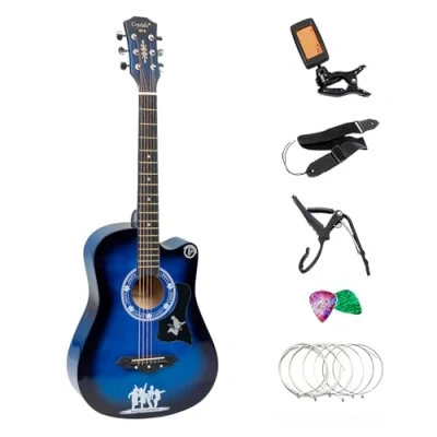 Image of Crystals 38 Classical Acoustic Guitar, Full pack Size 4/4 with Accessories 6 Strings Guitar Stand, Portable Plectrums, Tuner, Bag &amp; Strap (Blue Only)