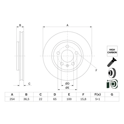 Image of 6R0615601A Brake disc BOSCH 0 986 479 E01 254mm 22mm 5 100mm Vented Coated High carbon VOLKSWAGEN: Polo V Hatchback