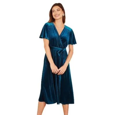 Image of Yumi Teal Wrap Over Midi Dress with Angel Sleeves and Split Hem 10