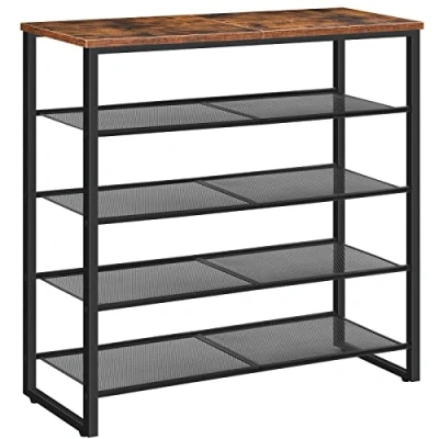 Image of HOOBRO Shoe Rack, 5 Tier Organizer Shelf, Storage Rack for 16 20 Pairs, Metal Frame, Sturdy and Stable, Entryway, Living Room, Cloakroom, Industrial, Rustic Brown EBF58XJ01