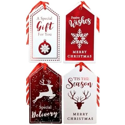 Image of 20 Luxury Scandi Christmas Gift Tags Red &amp; White Designs Eco Packaging