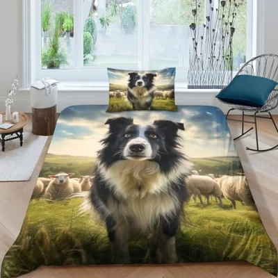 Image of GEEYOU Border Collie Comfortable Duvet Cover Set Luxe Dog Quilt Hidden Zipper with Pillowcases Comforter Soft Microfiber Washable Bedding Single（135x200cm）