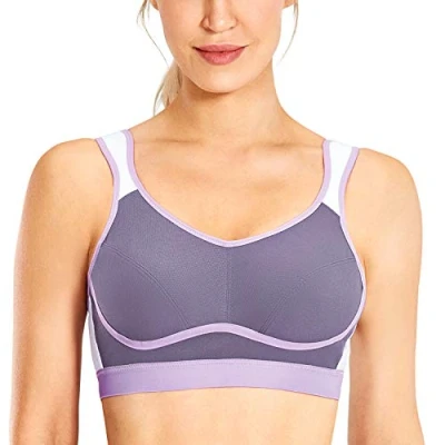 Image of SYROKAN Women&#039;s Comfort Sports Bra High Impact for Large Breasts Wireless Stretch Support Bounce Control Violet and Grey 34D