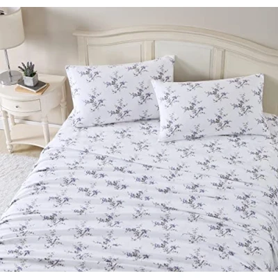 Image of Laura Ashley King Sheet Set, Cotton Flannel Bedding, Brushed for Extra Softness &amp; Comfort (Jessika Lavender, King)
