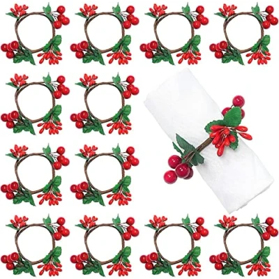 Image of KAHEIGN 12Pcs Christmas Napkin Rings, Red Berry Holders Rustic Buckle for Lunch Thanksgiving New Year Valentine&#039;s Party Holiday Wedding Table Decoration