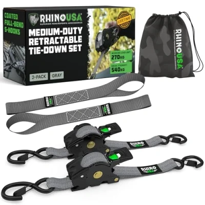 Image of Rhino USA Retractable Ratchet Tie Down Straps (2PK) 540kg Guaranteed Max Break Strength, Includes (2) Ultimate 2.5 cm x 3 m Autoretract Downs with Padded Handles Grey