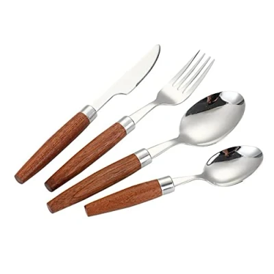 Image of 18/8 Stainless Steel Kitchen Silverware Knife Fork Spoon Wooden Handle Steak 4 Piece Set (Silver Pieces)