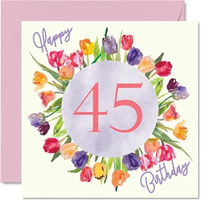 Image of Beautiful 45th Birthday Cards for Women Watercolour Tulips Flowers Bouquet Happy Card Her Mum Auntie Sister Friend Gifts, 145mm x Lovely Floral Greeting Gift