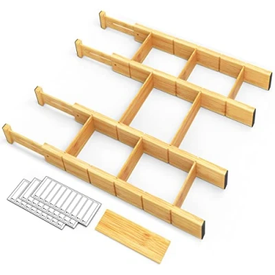 Image of SpaceAid Bamboo Drawer Dividers with Inserts and Labels, Kitchen Adjustable Organizers, Expandable Organization for Home, Office, Dressers, 4 9 (17 22 in)