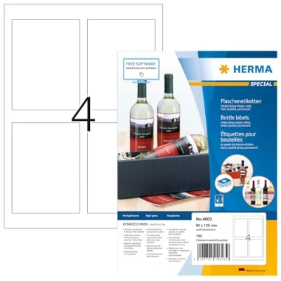 Image of HERMA Self Adhesive Bottle Labels, 4 Labels per A4 Sheet, 40 Sheets, 90 x 120 mm, 160 Blank High Gloss Stickers, Sticky Photo Quality for Inkjet Printer, White