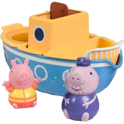 Image of TOMY E73414 Toomies Grandpa Pig’s Splash &amp; Pour Boat 4 Pc Bath Time Peppa Removable Water Sprinklers Spinning Paddle Wheelhouse Kids, 18 Months Or Above, Multicolor