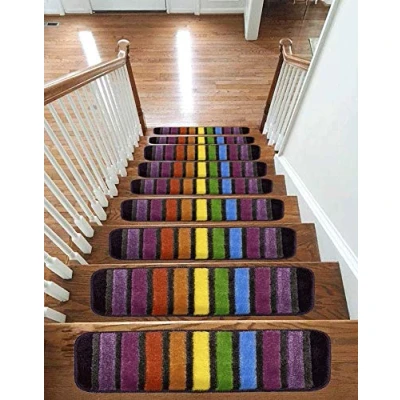 Image of emmahome Carpet Stair Treads NON SLIP MACHINE WASHABLE Mats/Rugs, 22x67cm, 11mm Thickness (15, Rainbow)