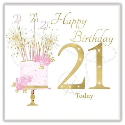Image of Rush Design Female 21st Milestone Birthday Card Age 21 Pink Floral Celebration Cake with Foil and Embellishments Eco Friendly Recyclable