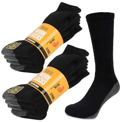 Image of LOVEVO Big Foot Work Socks for Men Heavy Duty Performance Cushioned Reinforced Heel Toe Crew Calf Sports Hiking Cotton Rich 11 14 (Black &amp; Grey, 10 Pair)