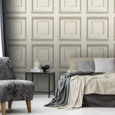Image of SOPHIE LAURENCE Cream Panel Effect Wallpaper Metallic Realistic 3D Wooden Panelling Paste The Paper for Living Room Bedroom Feature Wall