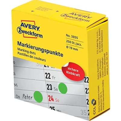 Image of AVERY Zweckform 3855 self Adhesive Marker dots (Diameter 19 mm, 250 on a roll in Dispenser, Round Stickers for Calendar, Planners and Crafts), Green