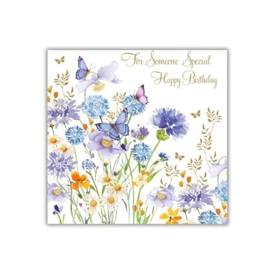Image of Nigel Quiney Female &#039;Happy Birthday&#039; Card &#039;For Someone Special&#039; Pretty Design with Blue Allium and Butterflies the Pizazz Range, Multicolour