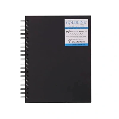 Image of Clairefontaine 960082C Goldline Micro Perforated Spiral Notebook 40 Sheets White Multi Technique Drawing Paper 17.8 x 25.4 cm 250g Portrait Format Black Hard Cover Imitation Canvas