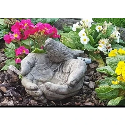 Image of STONE GARDEN BIRD IN HAND BATH FEEDER GIFT DETAILED CONCRETE ORNAMENT