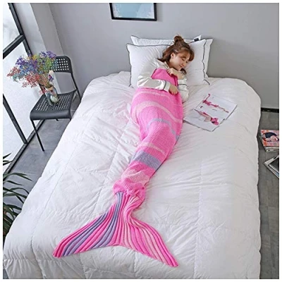Image of YOUCAI Handmade Mermaid Tail Blanket Crocheted Snuggle Gifts for Adult Or Kids Sleeping Bag Pink 90x190cm