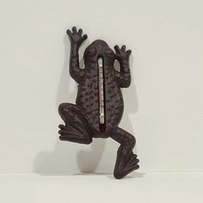 Image of HOMESCAPES Brown Cast Iron Garden Thermometer Wall Mounted Frog Shaped Temperature Gauge