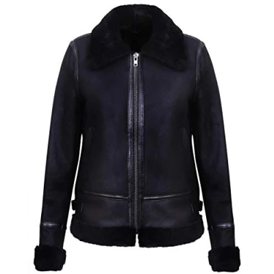 Image of Infnity Leather Women&#039;s Black Real WW2 Shearling Sheepskin Aviator Pilot Biker Jacket L