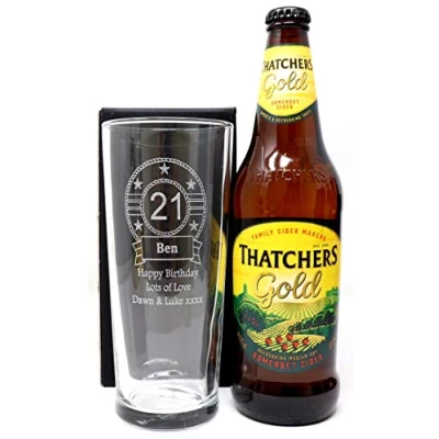 Image of Personalised Pint Glass &amp; Cider Birthday Design (Thatchers Gold Somerset Cider, No Gift Box)