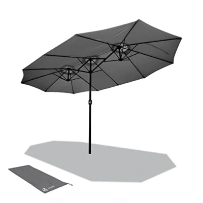 Image of VOUNOT 4.6m Double Garden Parasol, Extra Large Rectangular Patio Table Umbrella, with Crank Handle, Protective Cover, UV 50+, Grey