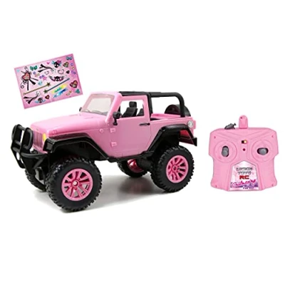 Image of Dickie Toys RC Girlmazing Jeep Wrangler Remote Control Car, Toy Car with 2 Channel Radio Control, 2.4 GHz, Turbo, Includes Sticker, Ages 6+, Metallic Pink Shiny