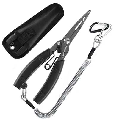 Image of supregear Fishing Pliers, Multi Functional Lightweight Stainless Steel Plier, Gear with ABS Handle, Line Cutter Hook Remover Tool Safety Coiled Lanyard and Nylon Sheath, Black