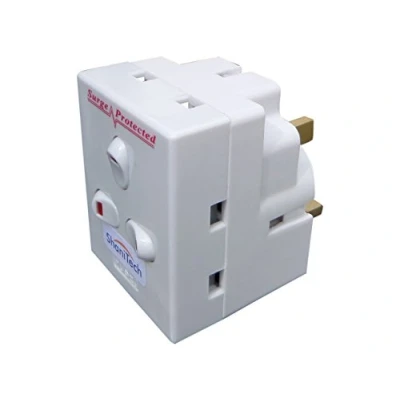Image of ShaniTech 3 way switched surge protected 13A adaptor gang UK mains plug in adapter with NEON switches