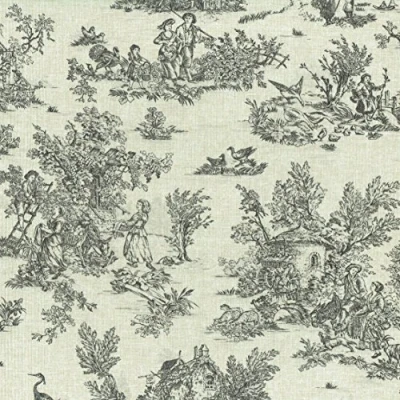 Image of Mini Toile de Jouy Fabric (La Vie Rustique) Anthracite Grey on a soft, linen look base cloth 100% Cotton Designer Print 155 cm (61 inches) wide Per half metre (0.5m) length increment*