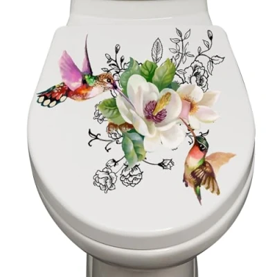 Image of Personalized Toilet Sticker Birds and Flowers Bathroom Seat Wall Stickers Self Adhesive Florals Lid Decals Home Decor